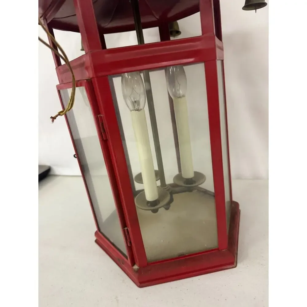 Vtg 1988 Triarch Industries Red Metal Asian Pagoda Hanging Lantern Bell Chimes
